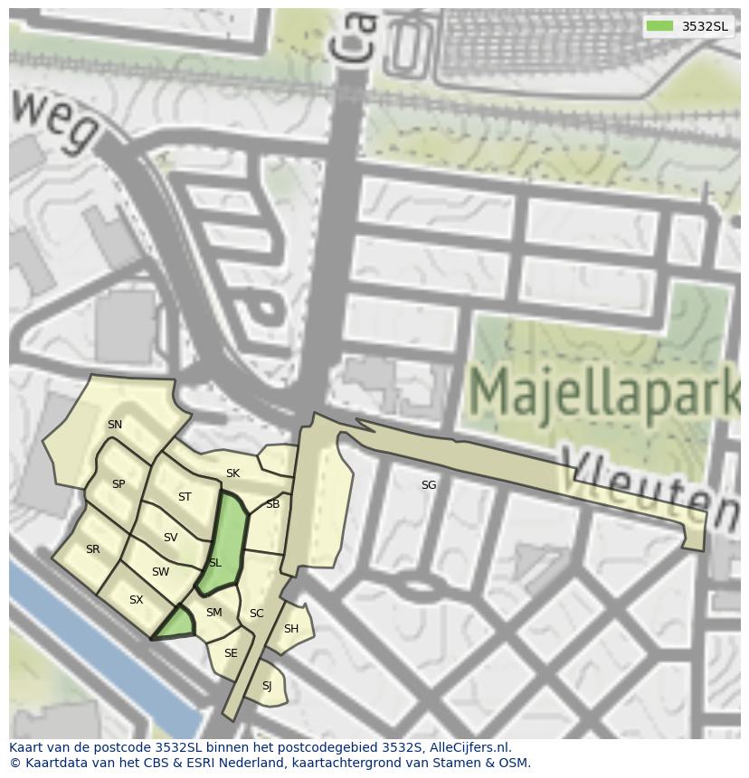 Afbeelding van het postcodegebied 3532 SL op de kaart.
