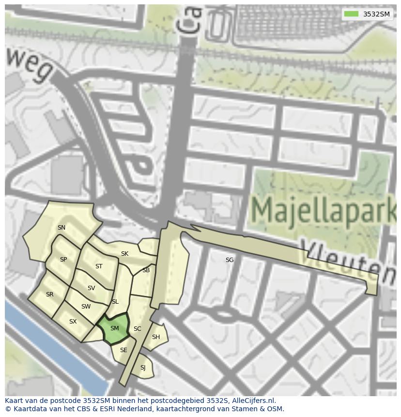 Afbeelding van het postcodegebied 3532 SM op de kaart.