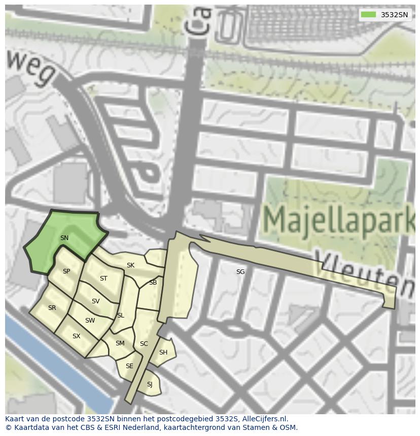 Afbeelding van het postcodegebied 3532 SN op de kaart.