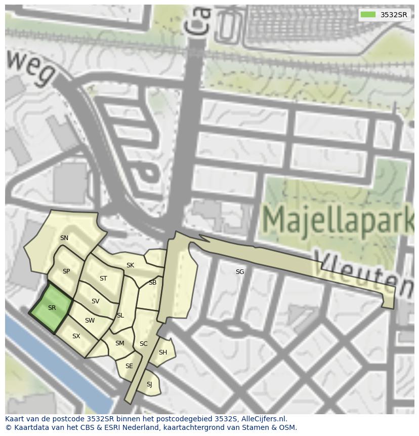 Afbeelding van het postcodegebied 3532 SR op de kaart.