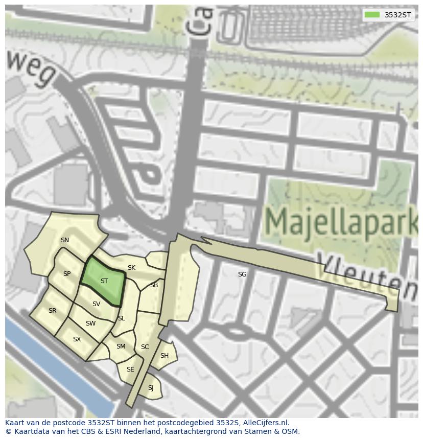 Afbeelding van het postcodegebied 3532 ST op de kaart.