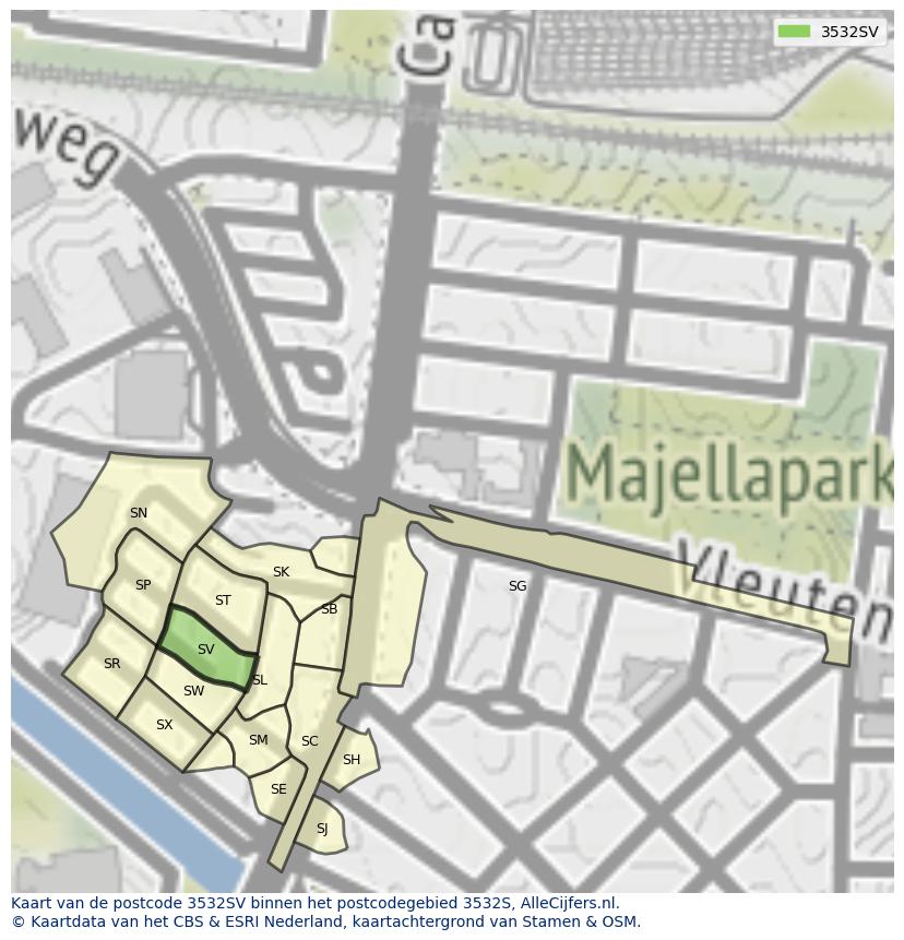 Afbeelding van het postcodegebied 3532 SV op de kaart.