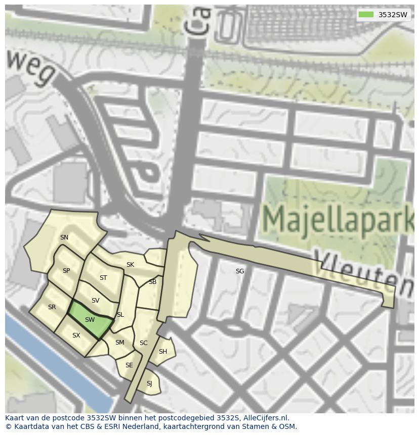 Afbeelding van het postcodegebied 3532 SW op de kaart.
