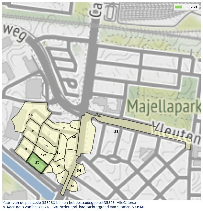 Afbeelding van het postcodegebied 3532 SX op de kaart.