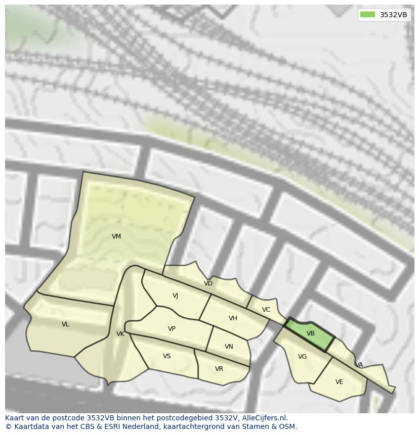 Afbeelding van het postcodegebied 3532 VB op de kaart.