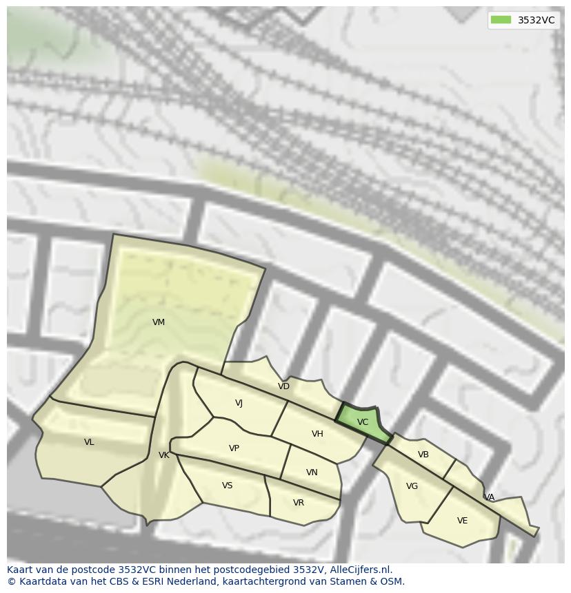 Afbeelding van het postcodegebied 3532 VC op de kaart.