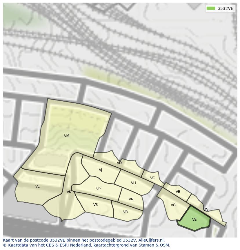Afbeelding van het postcodegebied 3532 VE op de kaart.