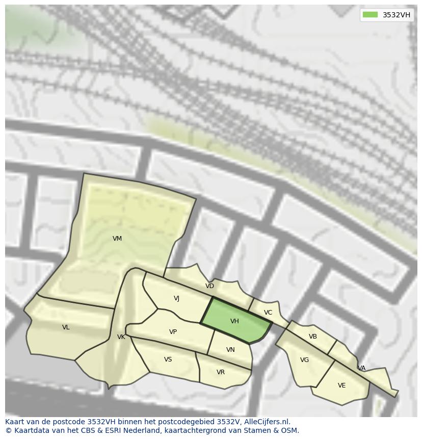 Afbeelding van het postcodegebied 3532 VH op de kaart.