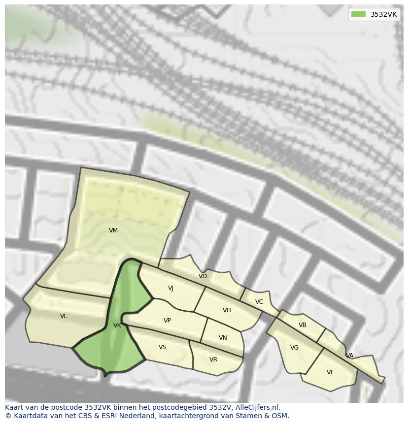 Afbeelding van het postcodegebied 3532 VK op de kaart.