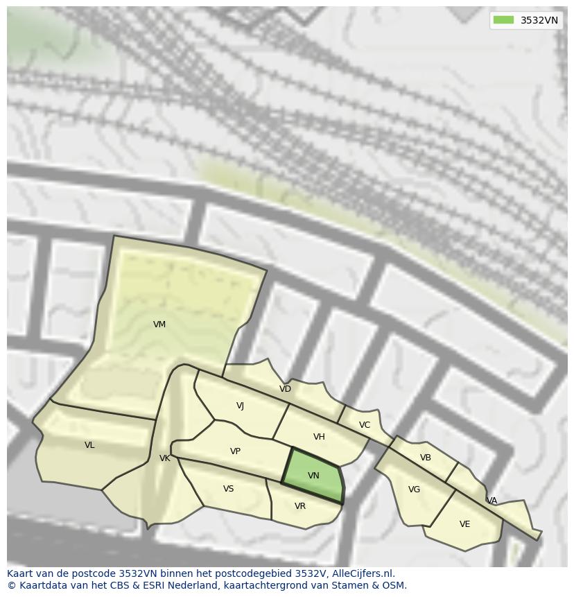 Afbeelding van het postcodegebied 3532 VN op de kaart.