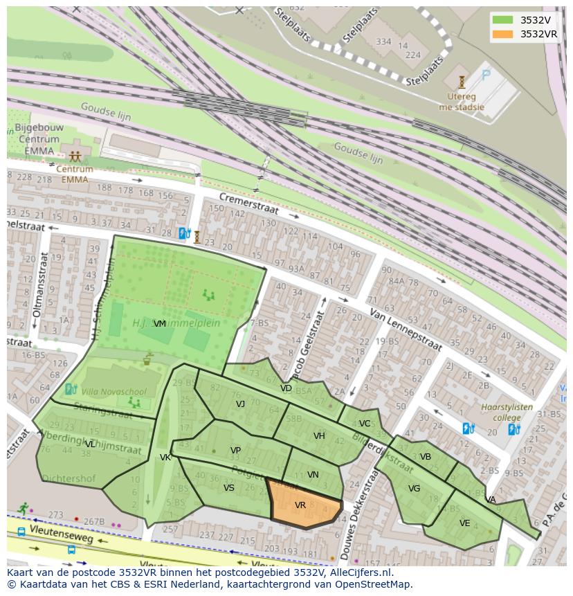 Afbeelding van het postcodegebied 3532 VR op de kaart.