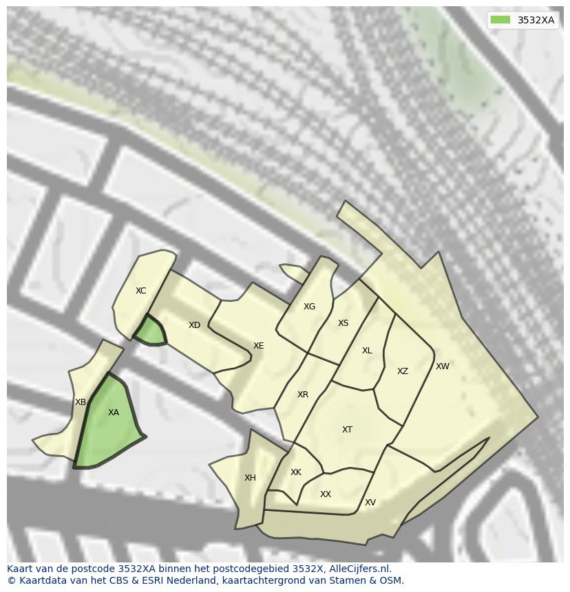 Afbeelding van het postcodegebied 3532 XA op de kaart.