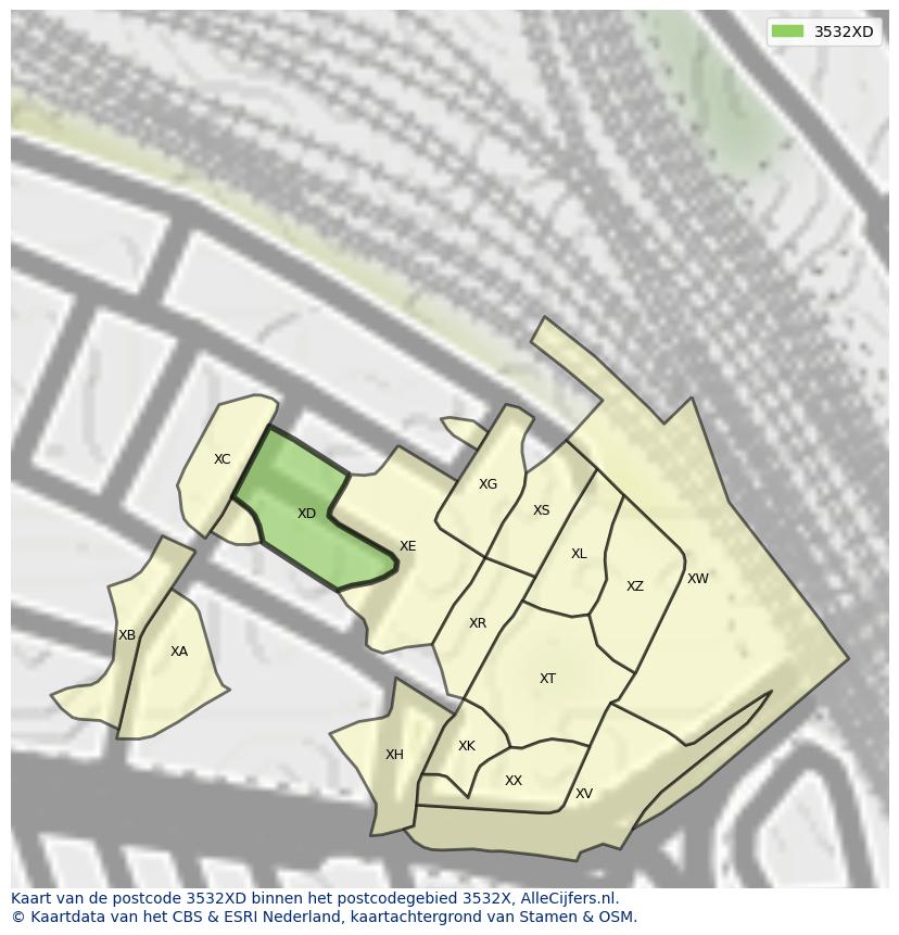 Afbeelding van het postcodegebied 3532 XD op de kaart.