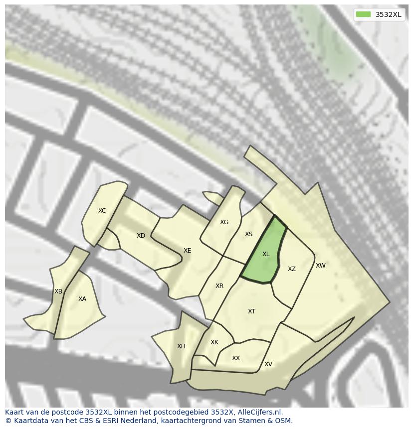 Afbeelding van het postcodegebied 3532 XL op de kaart.