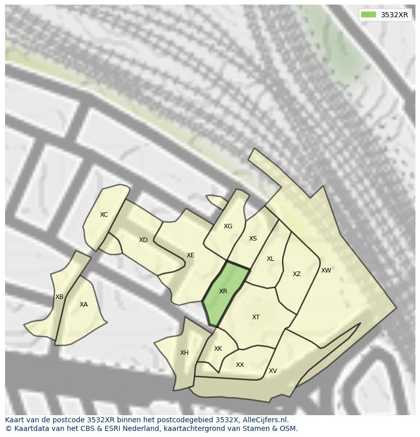 Afbeelding van het postcodegebied 3532 XR op de kaart.