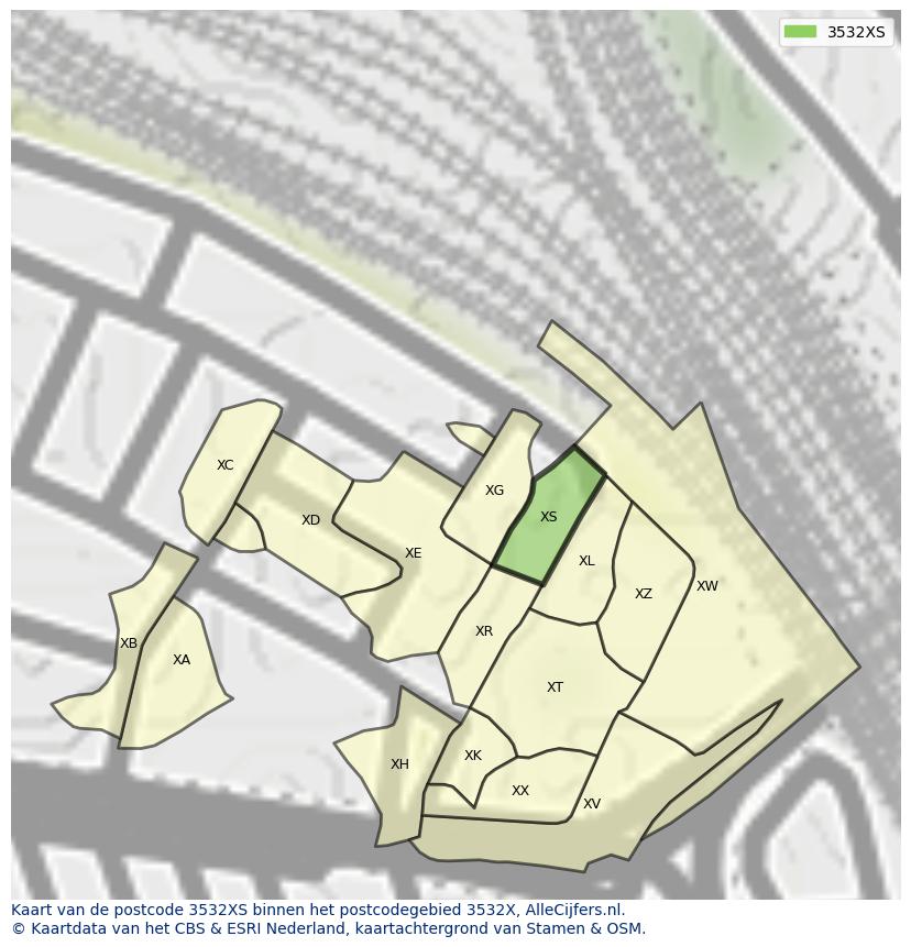 Afbeelding van het postcodegebied 3532 XS op de kaart.