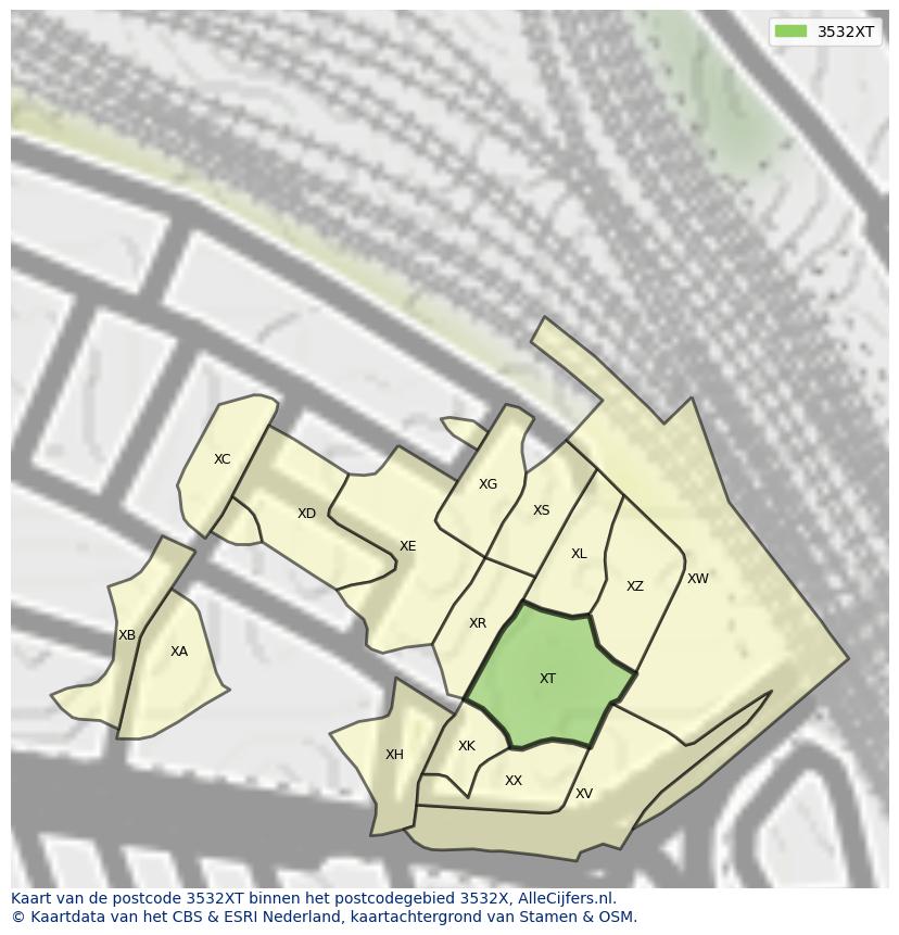 Afbeelding van het postcodegebied 3532 XT op de kaart.