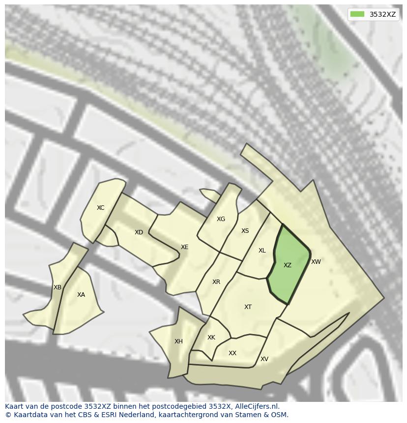 Afbeelding van het postcodegebied 3532 XZ op de kaart.