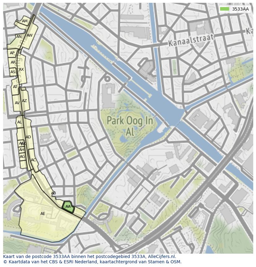 Afbeelding van het postcodegebied 3533 AA op de kaart.
