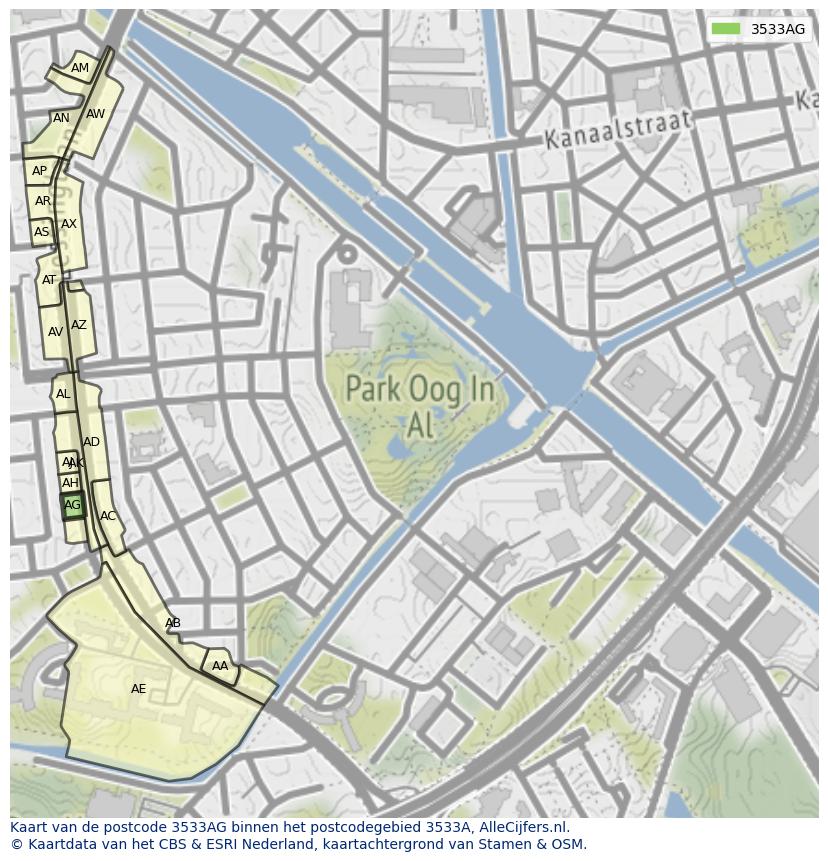 Afbeelding van het postcodegebied 3533 AG op de kaart.