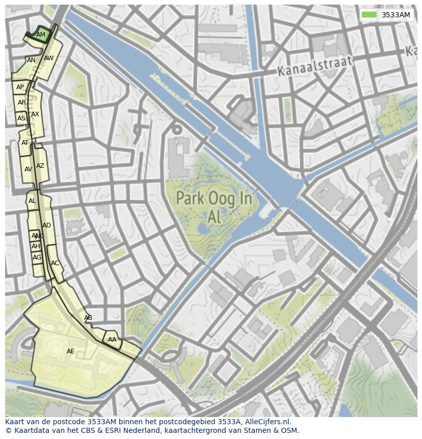 Afbeelding van het postcodegebied 3533 AM op de kaart.