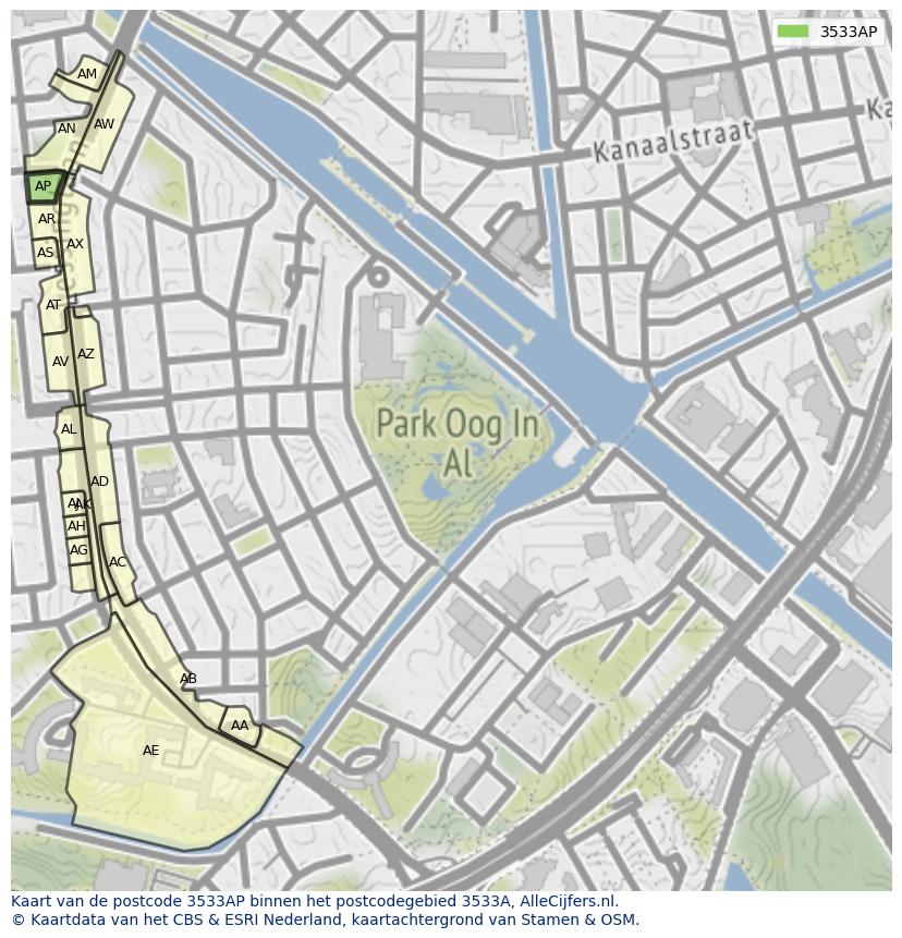 Afbeelding van het postcodegebied 3533 AP op de kaart.