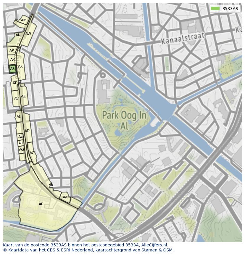 Afbeelding van het postcodegebied 3533 AS op de kaart.