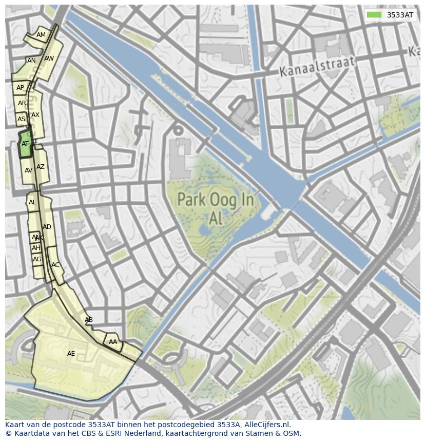 Afbeelding van het postcodegebied 3533 AT op de kaart.
