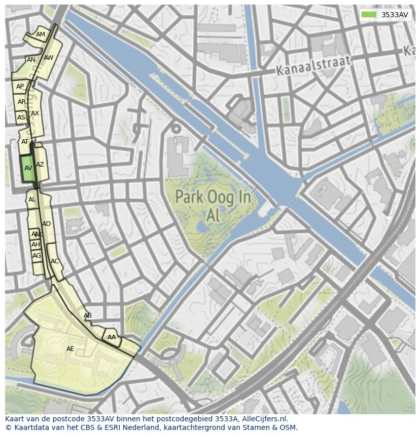 Afbeelding van het postcodegebied 3533 AV op de kaart.