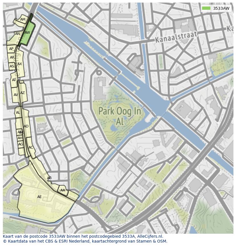 Afbeelding van het postcodegebied 3533 AW op de kaart.