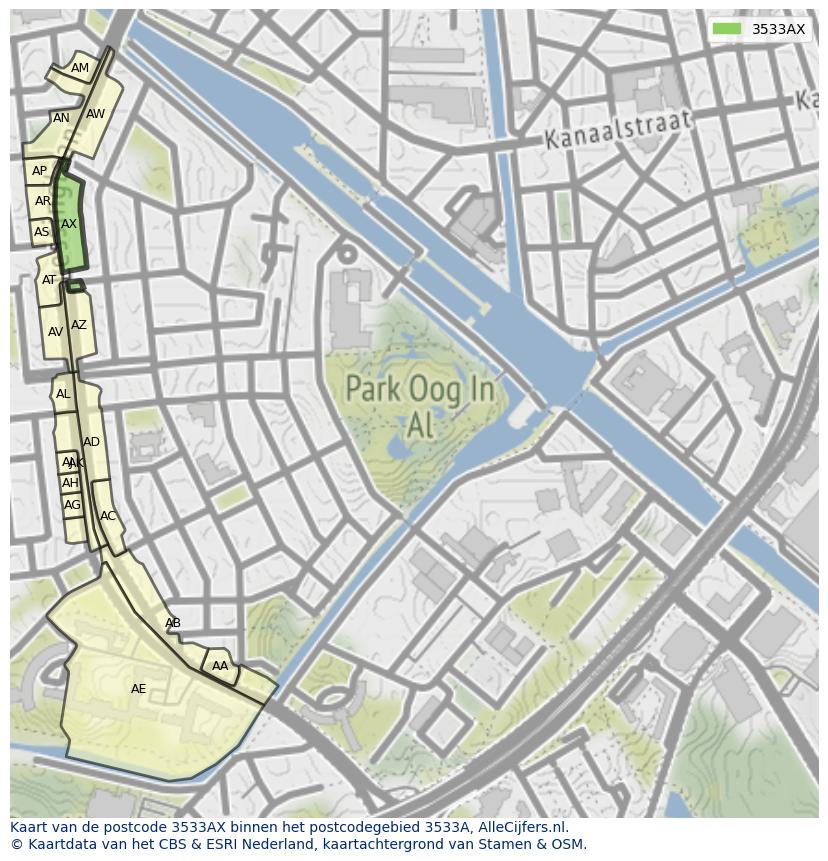 Afbeelding van het postcodegebied 3533 AX op de kaart.