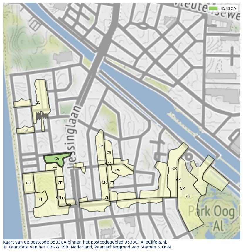 Afbeelding van het postcodegebied 3533 CA op de kaart.