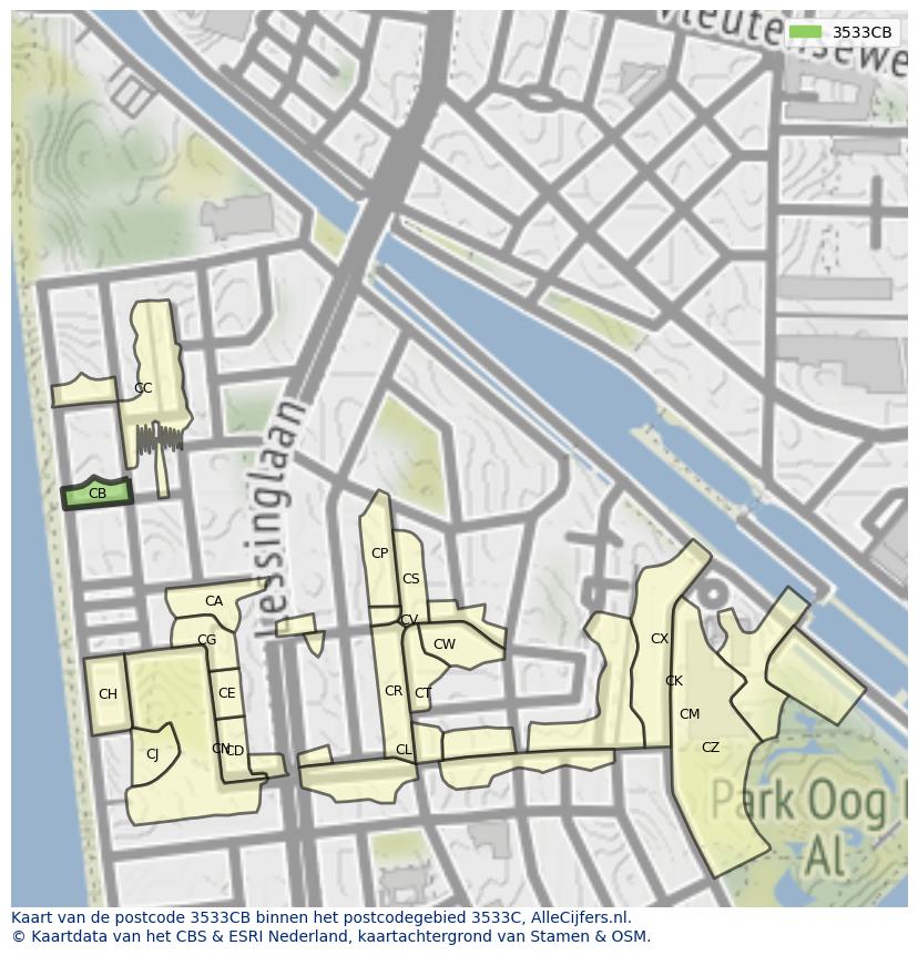 Afbeelding van het postcodegebied 3533 CB op de kaart.