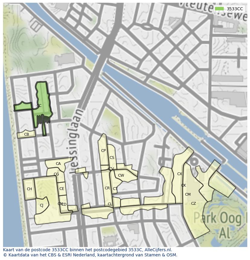 Afbeelding van het postcodegebied 3533 CC op de kaart.