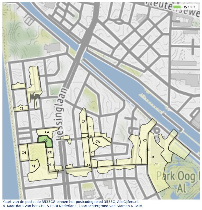 Afbeelding van het postcodegebied 3533 CG op de kaart.