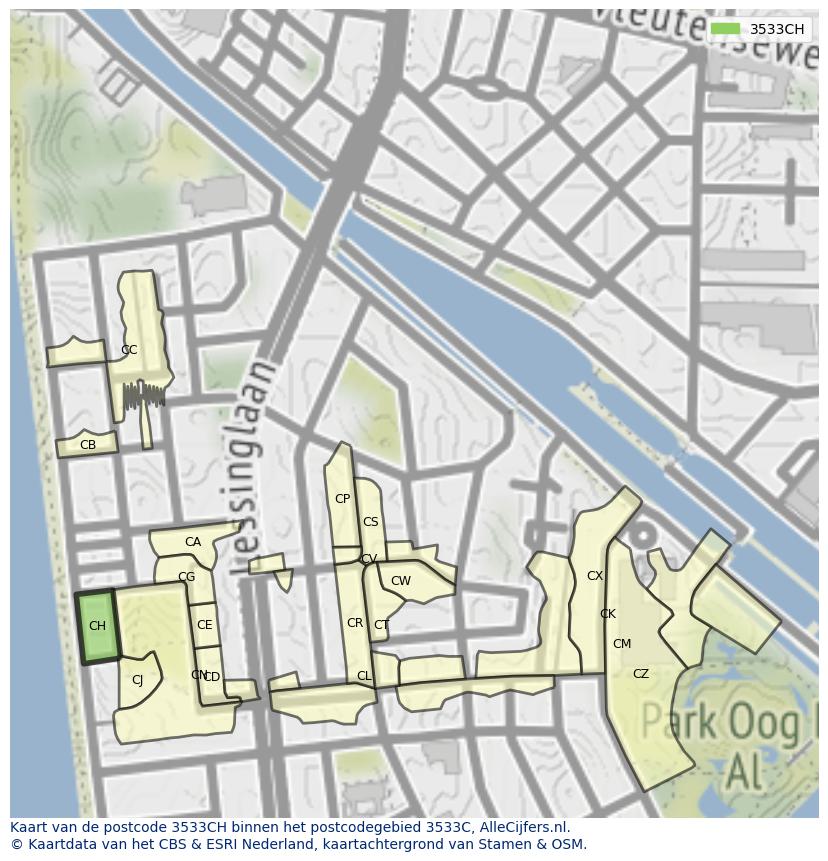 Afbeelding van het postcodegebied 3533 CH op de kaart.