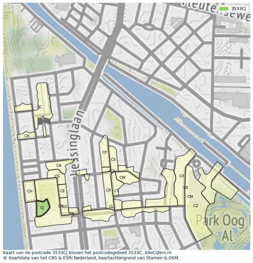 Afbeelding van het postcodegebied 3533 CJ op de kaart.