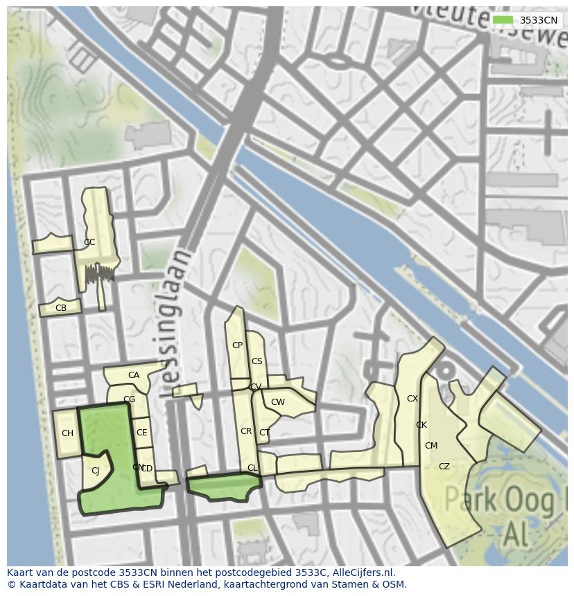 Afbeelding van het postcodegebied 3533 CN op de kaart.