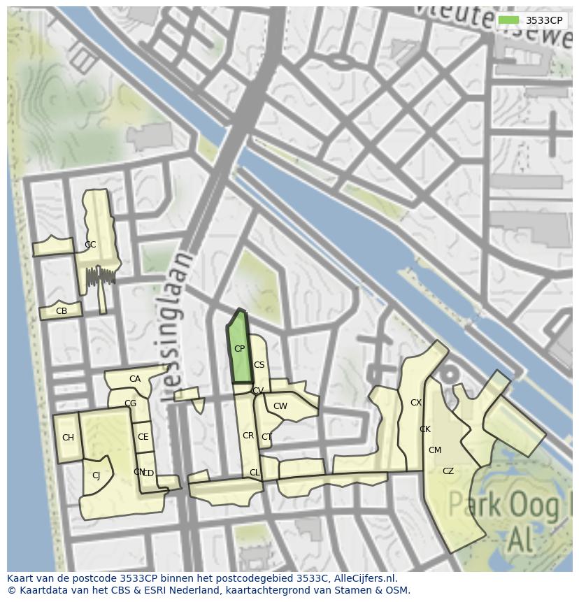 Afbeelding van het postcodegebied 3533 CP op de kaart.