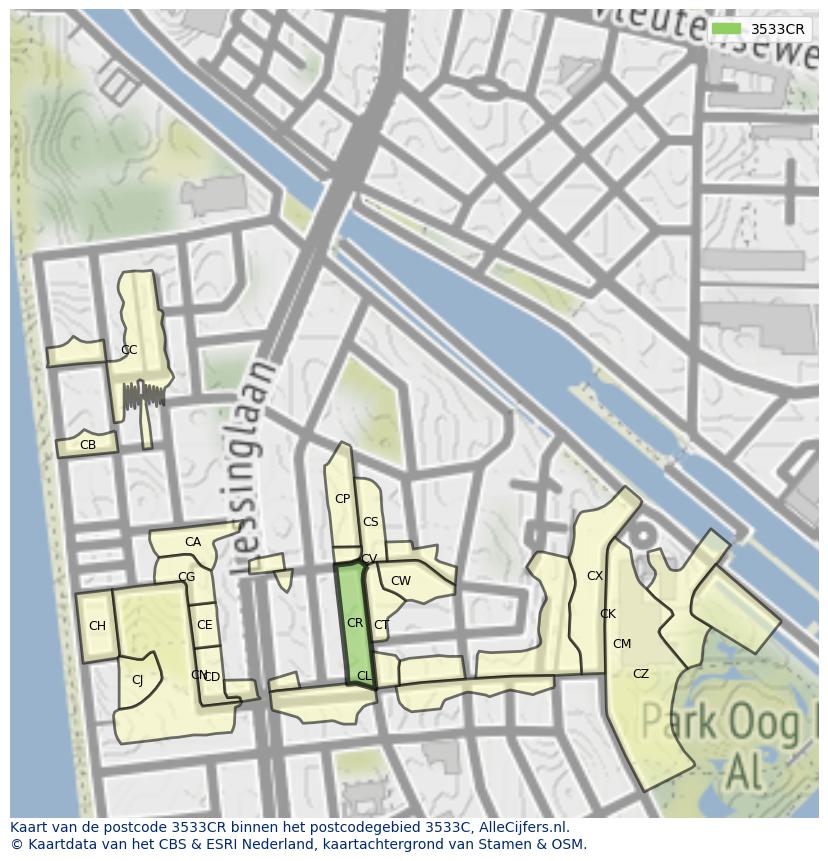 Afbeelding van het postcodegebied 3533 CR op de kaart.