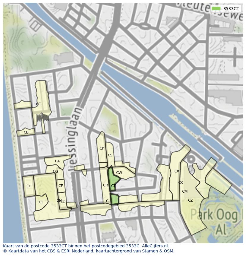 Afbeelding van het postcodegebied 3533 CT op de kaart.