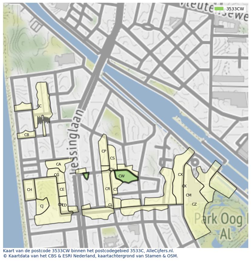 Afbeelding van het postcodegebied 3533 CW op de kaart.
