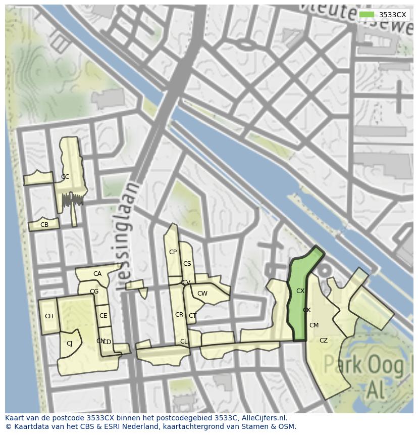 Afbeelding van het postcodegebied 3533 CX op de kaart.