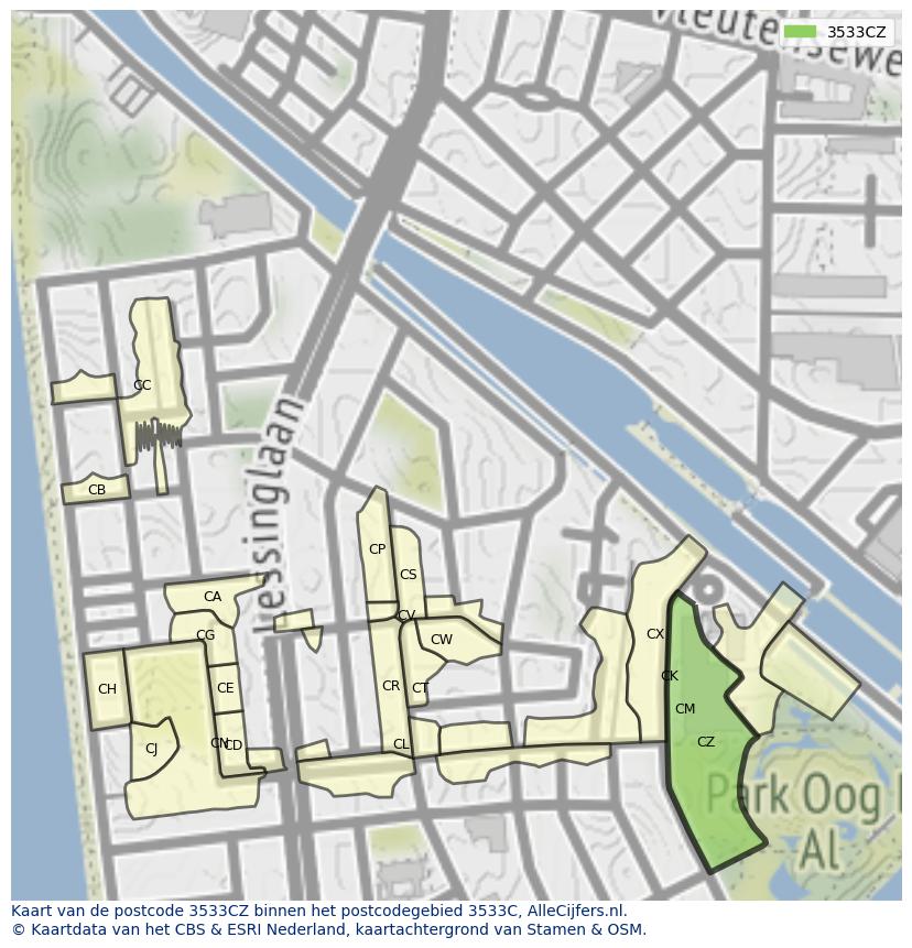 Afbeelding van het postcodegebied 3533 CZ op de kaart.