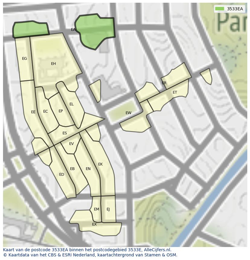 Afbeelding van het postcodegebied 3533 EA op de kaart.