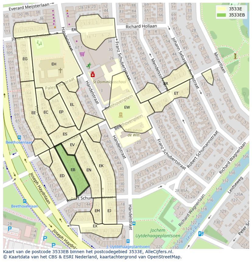 Afbeelding van het postcodegebied 3533 EB op de kaart.