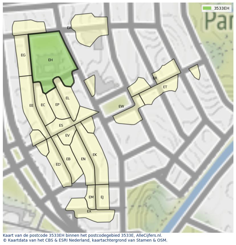 Afbeelding van het postcodegebied 3533 EH op de kaart.