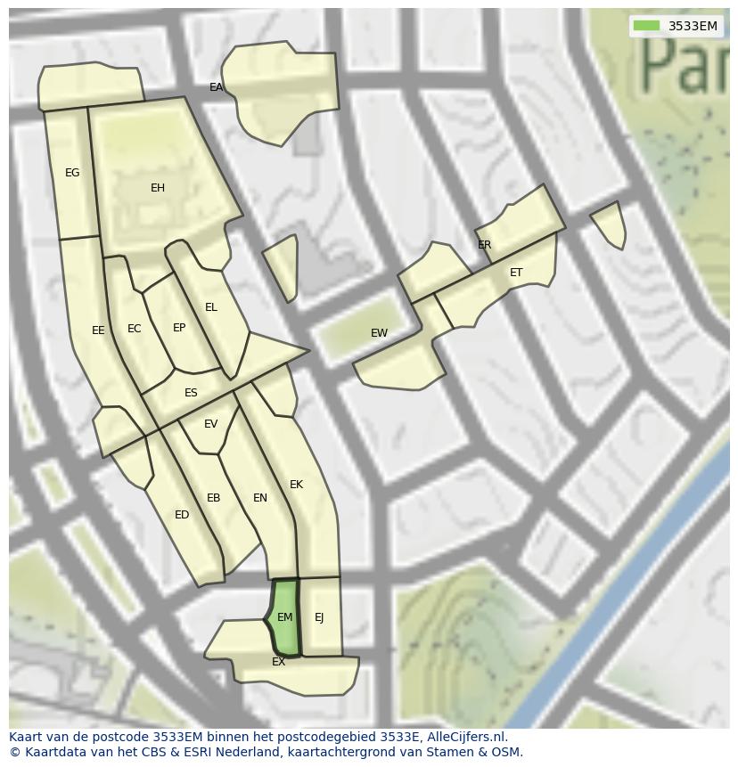 Afbeelding van het postcodegebied 3533 EM op de kaart.