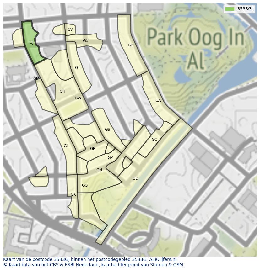 Afbeelding van het postcodegebied 3533 GJ op de kaart.