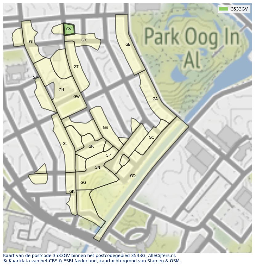 Afbeelding van het postcodegebied 3533 GV op de kaart.